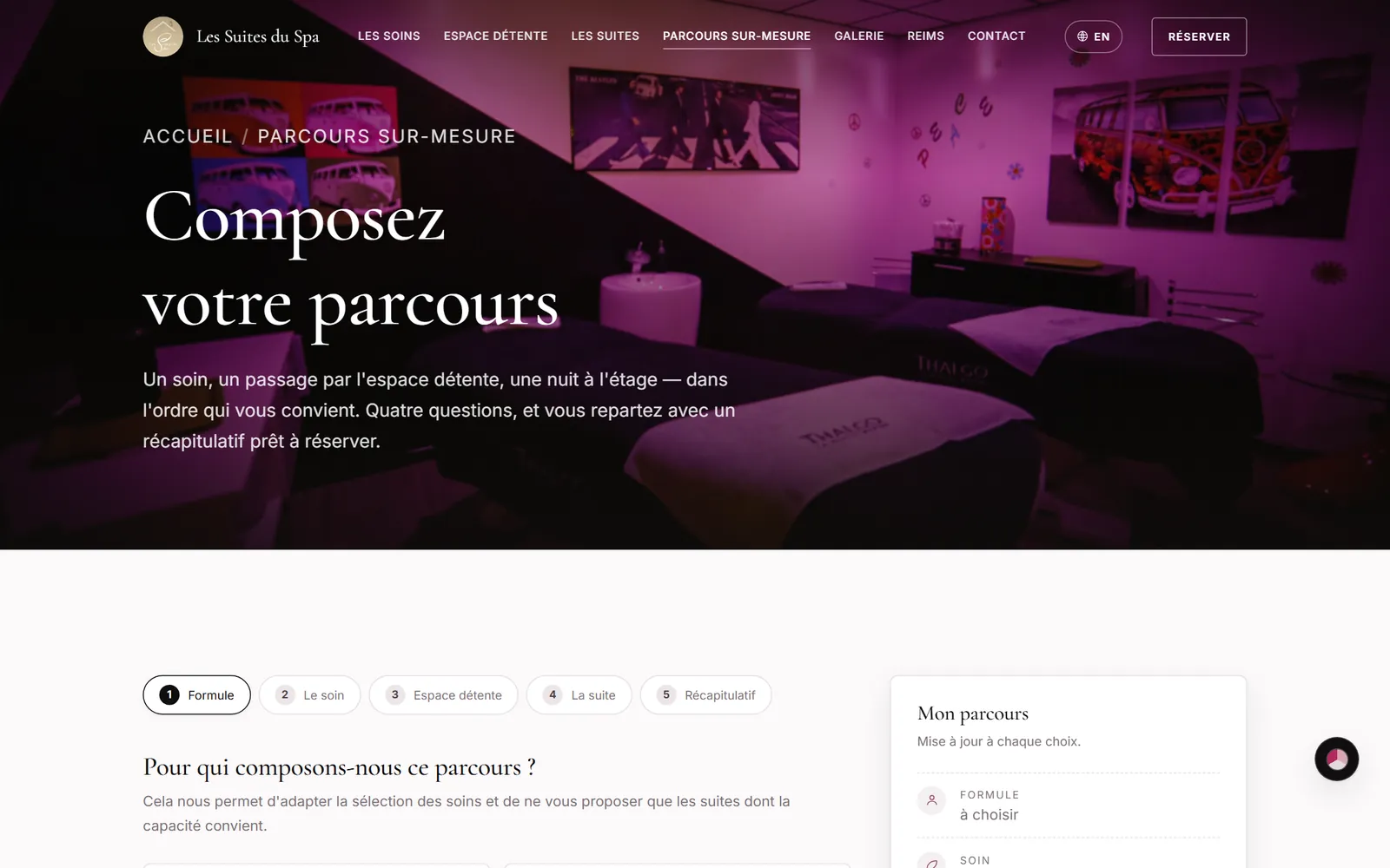 Configurateur « Composez votre parcours » des Suites du Spa : un titre sur photo de soin, puis cinq étapes et un récapitulatif à droite.