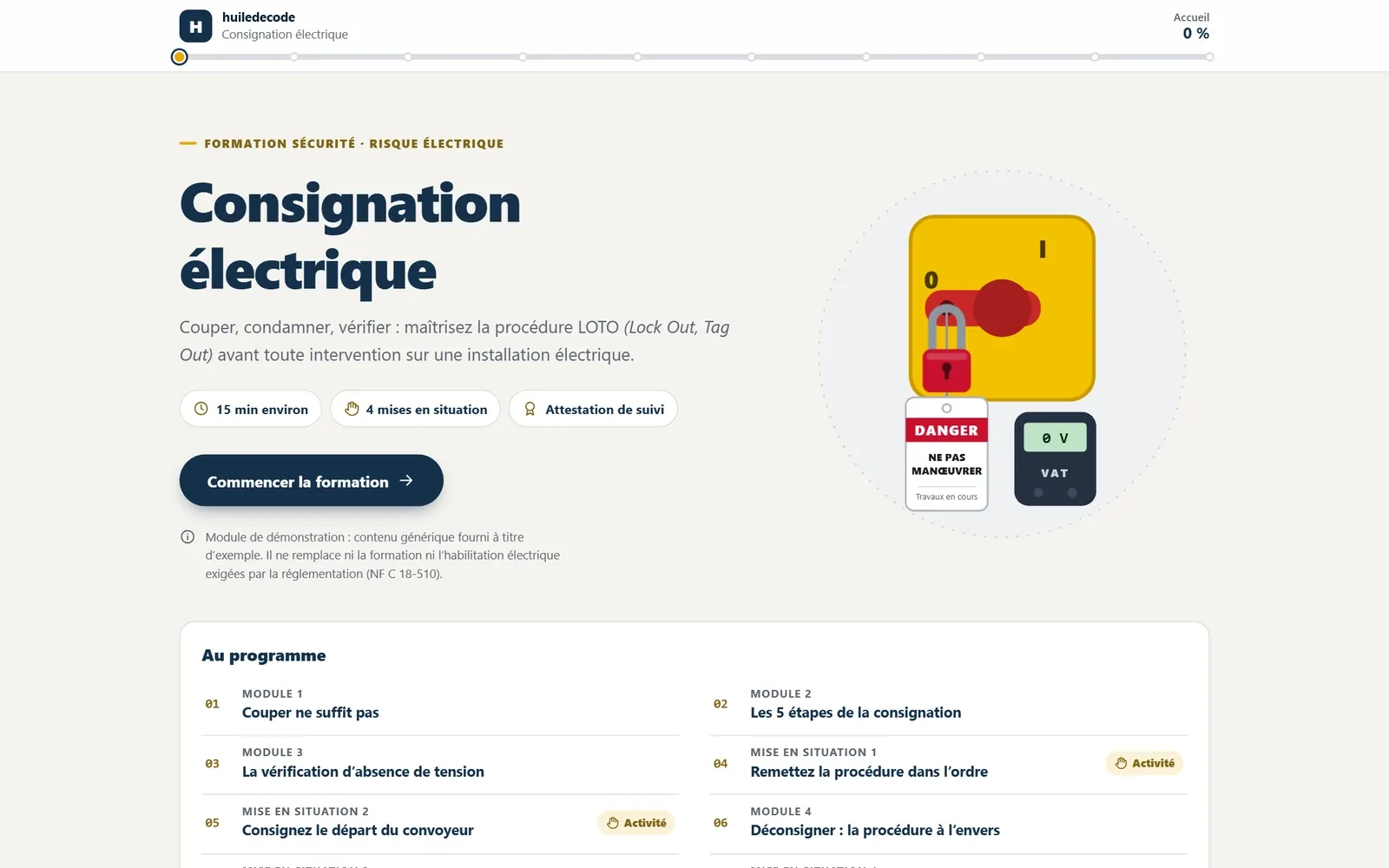 Module de formation « Consignation électrique » : titre, durée, bouton pour commencer, illustration d’un cadenas de consignation et programme des modules.