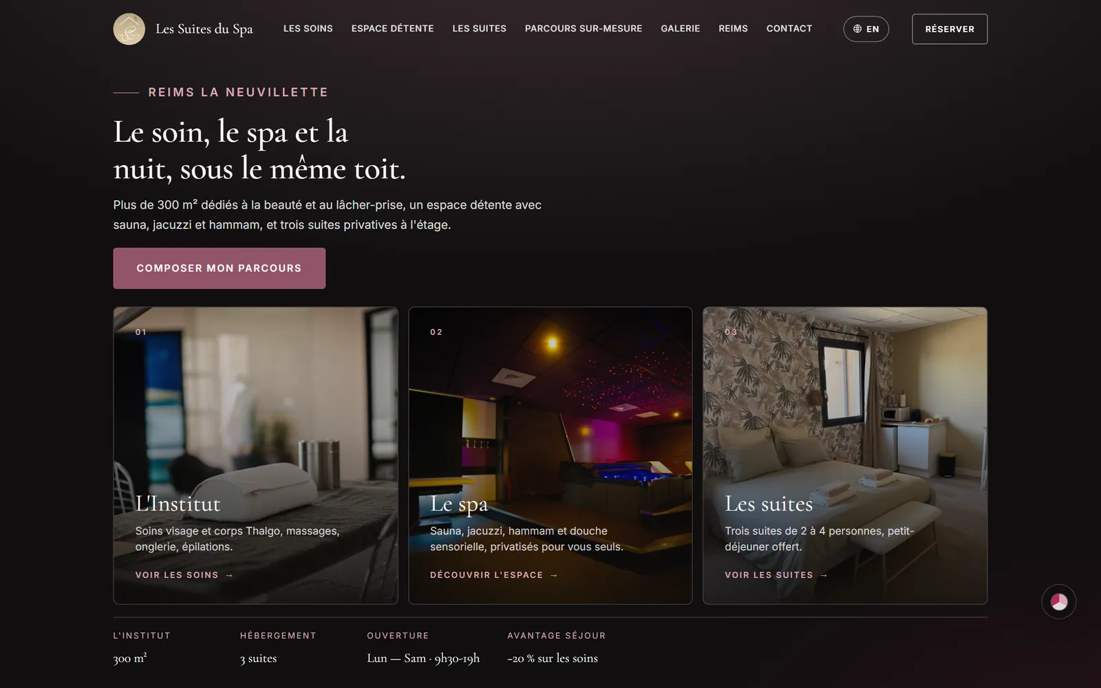 Page d’accueil des Suites du Spa : « Le soin, le spa et la nuit, sous le même toit », avec trois cartes pour l’institut, le spa et les suites.